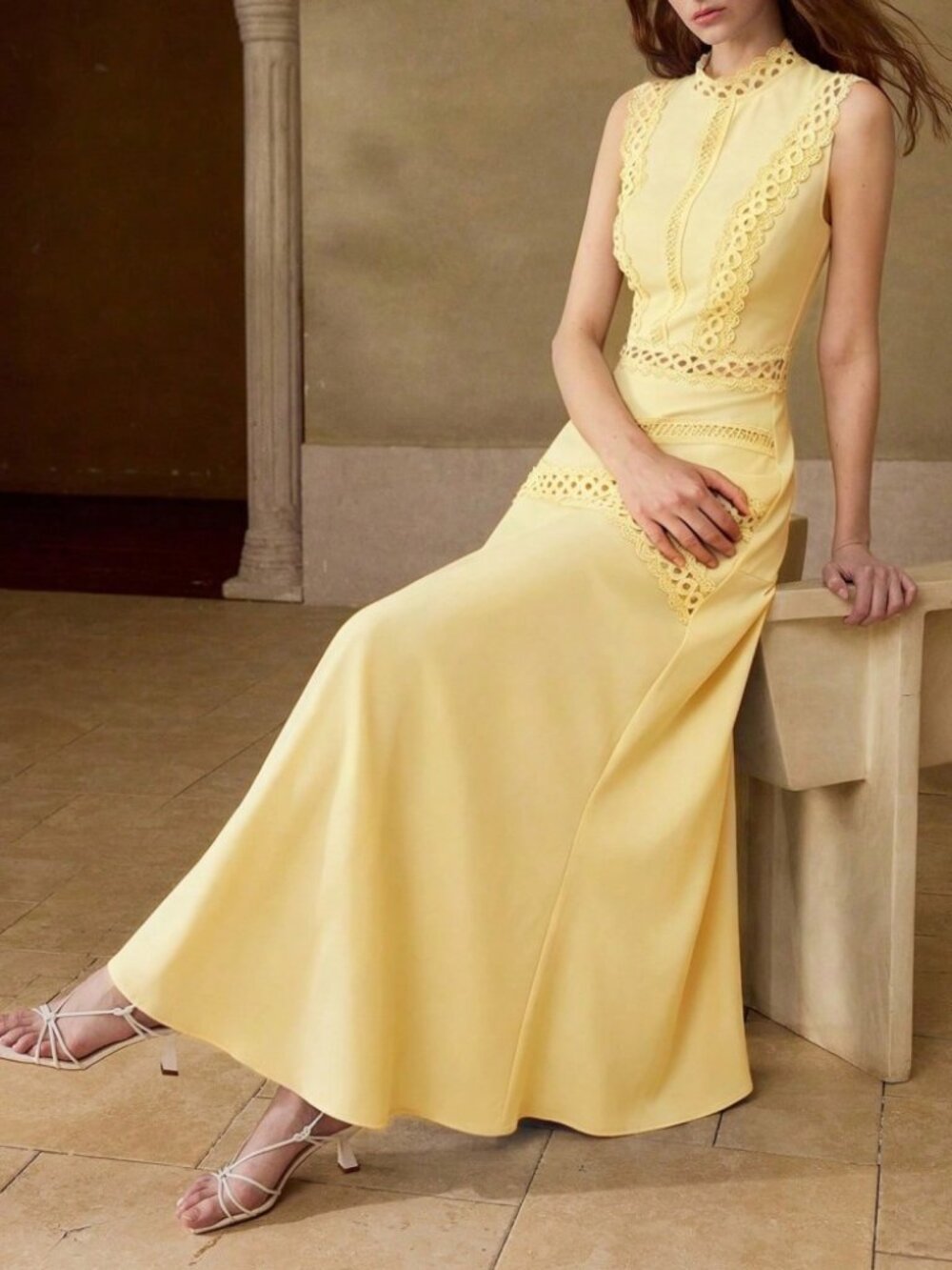 Yellow Crochet Lace Trim Sleeveless Maxi Dress